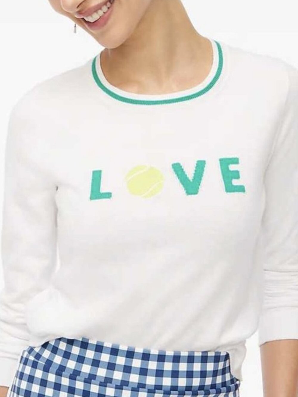 J Crew Women's Sweater Love Tennis Medium Pullover White Long Sleeve NWT Preppy